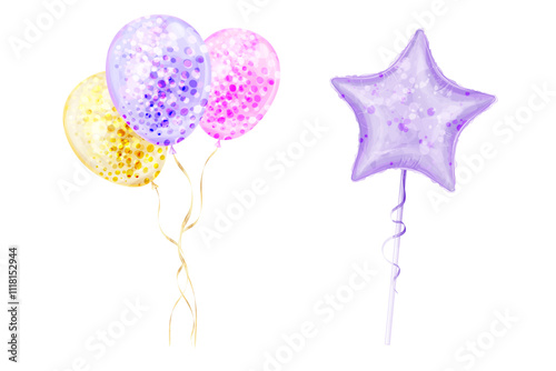 Set of vector balloons  in watercolor style. Illustration for design  birthday, parties and celebrations, isolated