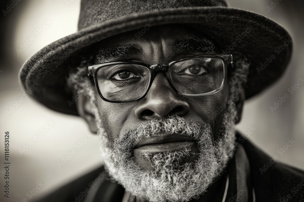 A compelling black and white portrait of an elderly man with glasses and a hat, showcasing a profound intelligence and life story through his expressive gaze. A compelling black and white portrait of an elderly man with glasses and a hat, showcasing a profound intelligence and life story through his expressive gaze.