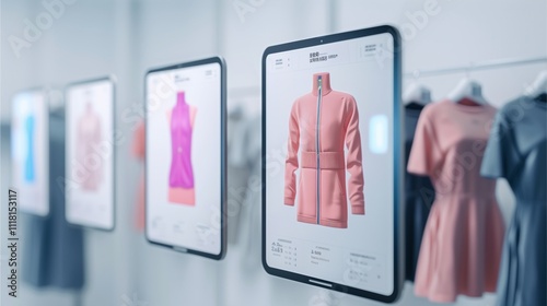 Interactive Fashion Display: Futuristic tablet displays showcase stylish women's apparel, offering an immersive shopping experience.  The sleek design and vibrant colors create an engaging visual. 