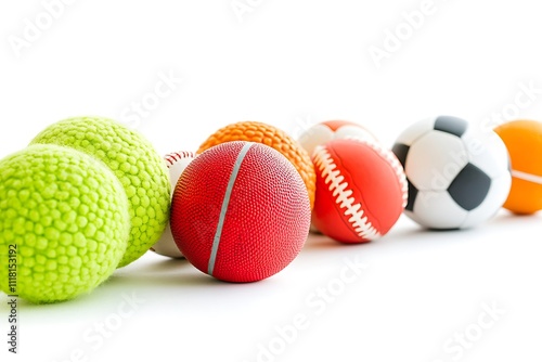 Colorful sports balls arranged in a row on white background photo