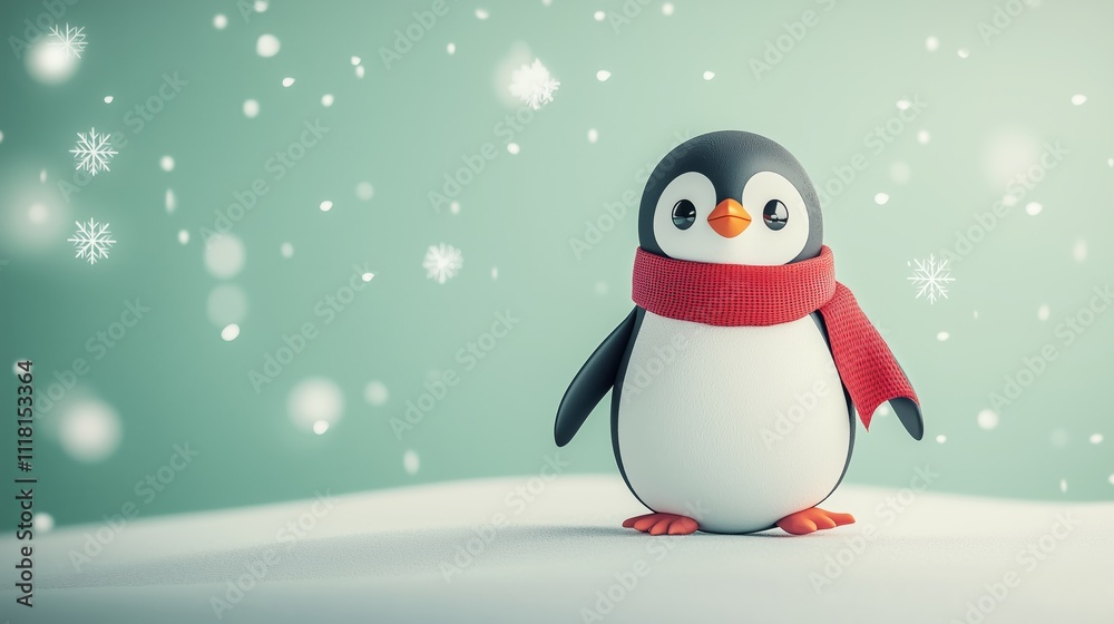 Cute Penguin Character with Red Scarf in Winter Setting Cute Penguin Character with Red Scarf in Winter Setting