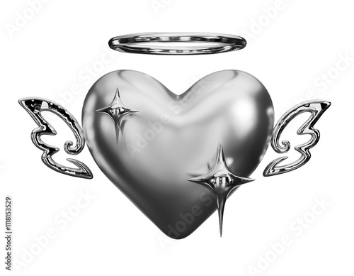 3d render silver heart with wings and stars isolated on transparent background.