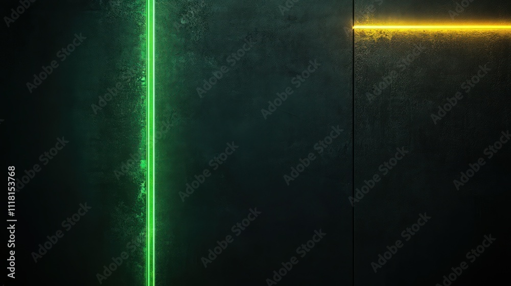 Obraz premium A dark, matte background featuring a vertical line on the left that glows in vivid green, casting faint shadows. On the upper-right corner, a horizontal line glows in bright yellow, subtly .