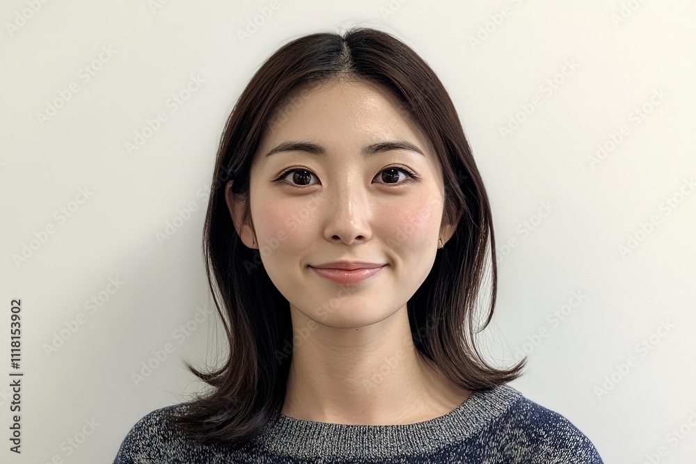 A portrait of a young woman smiling confidently captures her beauty and poise, with soft lighting accentuating her features and creating an inviting atmosphere.