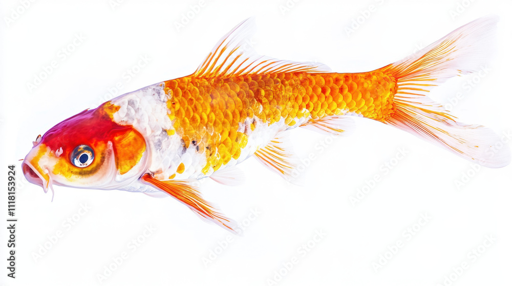 Vibrant orange and white koi fish with detailed scales and flowing fins swimming gracefully against a white background. Vibrant orange and white koi fish with detailed scales and flowing fins swimming gracefully against a white background.