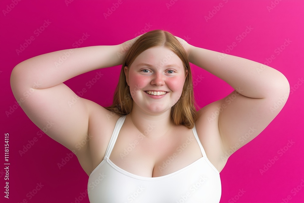 Young woman enjoying summer vibes in white bikini against pink wall Young woman enjoying summer vibes in white bikini against pink wall