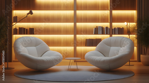 no people, no windows, white with boucle, light wood, light and bright, interior design photo, podcast studio, high key lighting, intimate with a midcentury modern set, two large white chairs sit dir