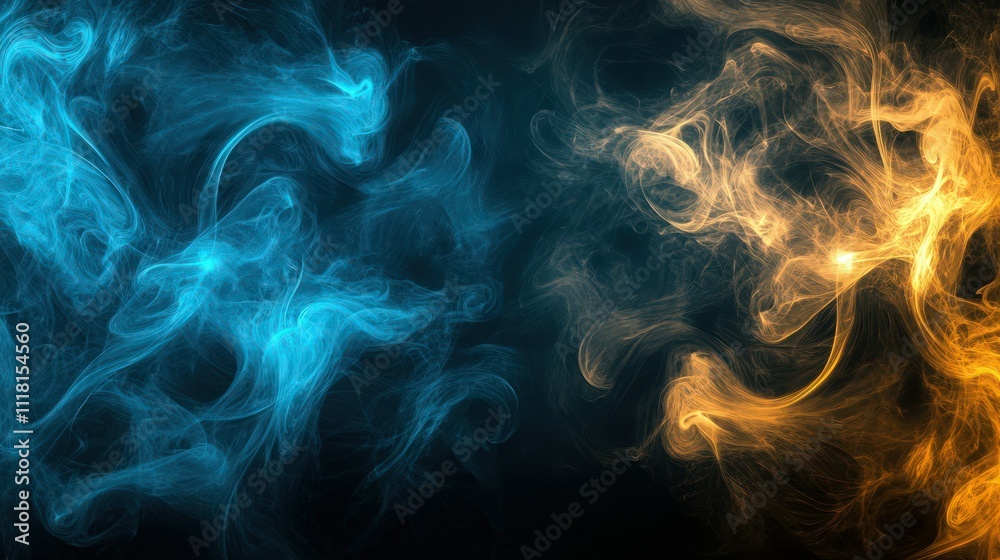 A dark backdrop with swirling blue and yellow smoke, producing an abstract design with a luminous, glowing effect. A dark backdrop with swirling blue and yellow smoke, producing an abstract design with a luminous, glowing effect.
