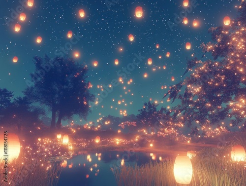 Magical night scene with numerous glowing lanterns floating over tranquil lake and trees.