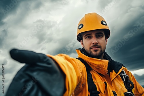 A brave rescuer, with an outstretched arm and a warm smile, stands amidst ominous clouds, reflecting both readiness and a passionate commitment to safety and rescue efforts.