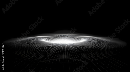 Wormhole in deep space with curved gridlines and glowing center, futuristic concept of spacetime travel, black hole theory, and interdimensional physics. Aether. Illustration