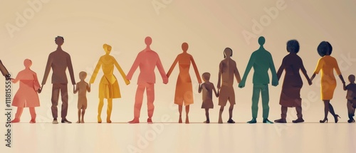 An imaginative and colorful paper people cutout scene showing different individuals holding hands, highlighting unity and diversity.