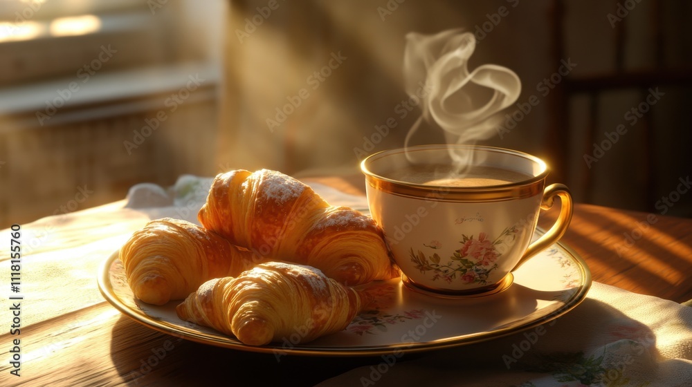 Classic Breakfast Scene with Steaming Cup and Croissants