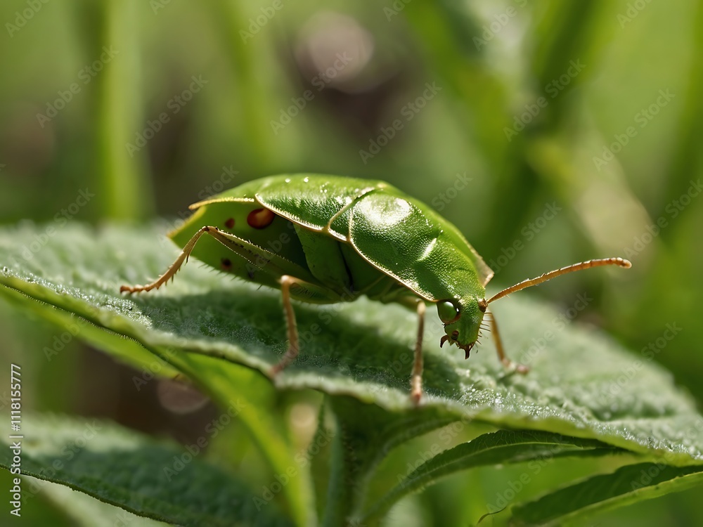 Green Insect on a Green Leaf in Nature Green Insect on a Green Leaf in Nature