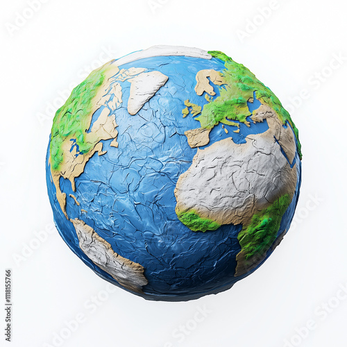 Children's Illustration of Planet Earth Made of Colored Plasticine with Detailed Continents and Oceans, Isolated on White Background