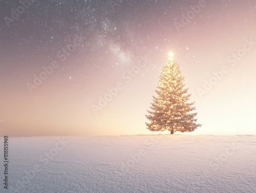Illuminated Christmas tree on snowy field under starry night sky.