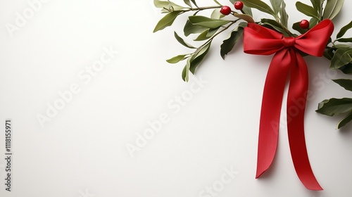 Festive arrangement with red bow and green leaves on white background, Christmas card