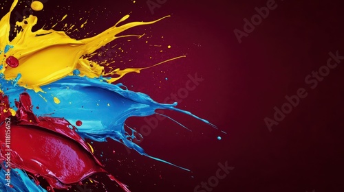 Wallpaper Mural A dark burgundy backdrop creates a dramatic contrast with vivid paint splashes on the left. The topmost splash is a bright lemon yellow. Torontodigital.ca