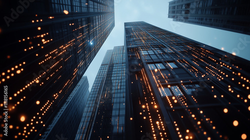 Wallpaper Mural Skyscrapers adorned with holographic data streams and light beams representing digital connectivity in a bustling urban hub Torontodigital.ca
