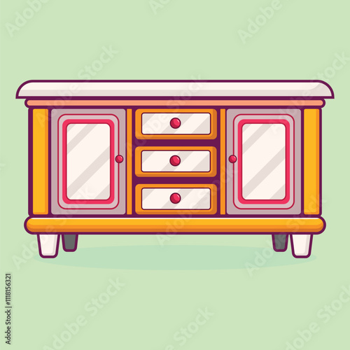 A drawing of a dresser with a red drawer