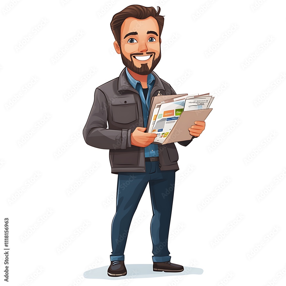 Cartoon sales guy in a jacket, holding a product catalog and smiling on a white background. Cartoon sales guy in a jacket, holding a product catalog and smiling on a white background.