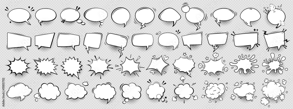 Empty comic speech bubble, business text message frame, cartoon balloon, dialogue chat box, vintage cloud, doodle sticker and communication idea symbol collection with halftone shadow. Quote bubble.