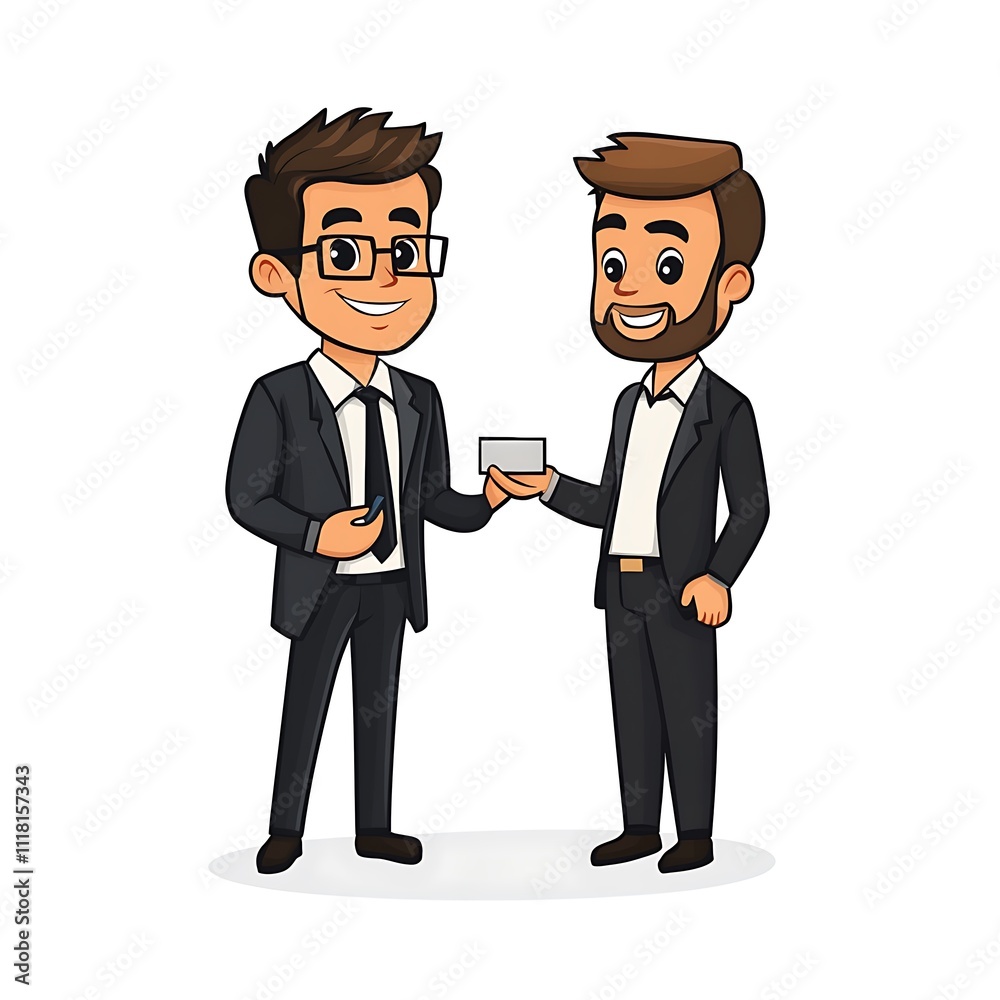 Cartoon sales guy in a sleek suit, handing over a business card to a client on a white background. Cartoon sales guy in a sleek suit, handing over a business card to a client on a white background.