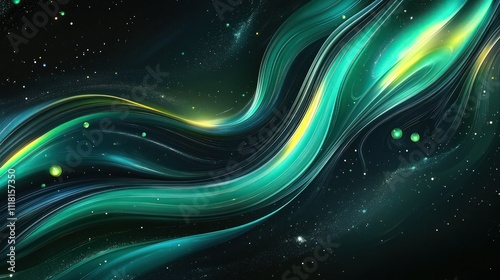 A cosmic abstract scene with a gradient of emerald green, teal, and charcoal black, highlighted by streaks of neon yellow and silver. 