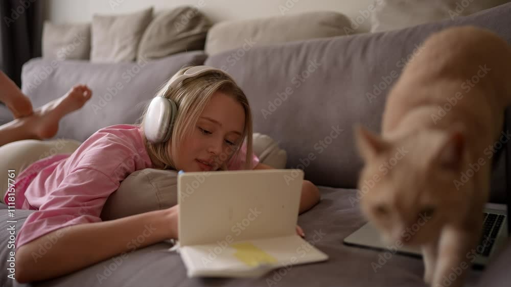 Happy blonde girl in white wireless headphones and a pink T-shirt lies on the sofa and takes important notes on her self-development with her cat at home Happy blonde girl in white wireless headphones and a pink T-shirt lies on the sofa and takes important notes on her self-development with her cat at home