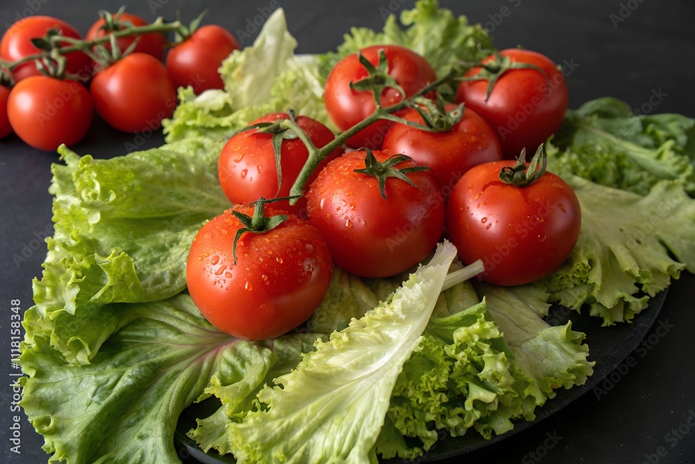 Fresh Tomatoes and Crisp Lettuce Arranged on a Dark Background for Culinary Use Fresh Tomatoes and Crisp Lettuce Arranged on a Dark Background for Culinary Use