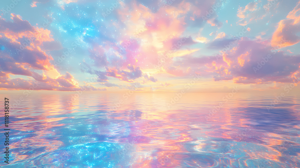 Naklejka premium Milky, aether scene, translucent, glitterethereal, goddenss muse, background saltwatercrystal clear, water reflections, pastel colors. holographic, style prism. ai generative. Aether. Illustration