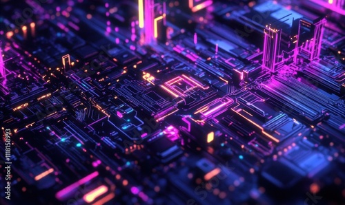 A vibrant digital circuit board with neon lights and intricate patterns.