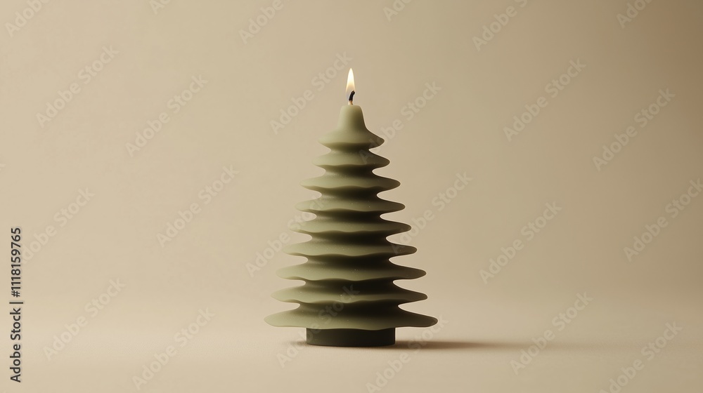 Obraz premium Green Christmas tree candle with flame on beige background