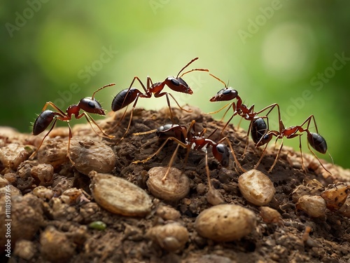 Four Red Ants Gathering Food On Ground photo