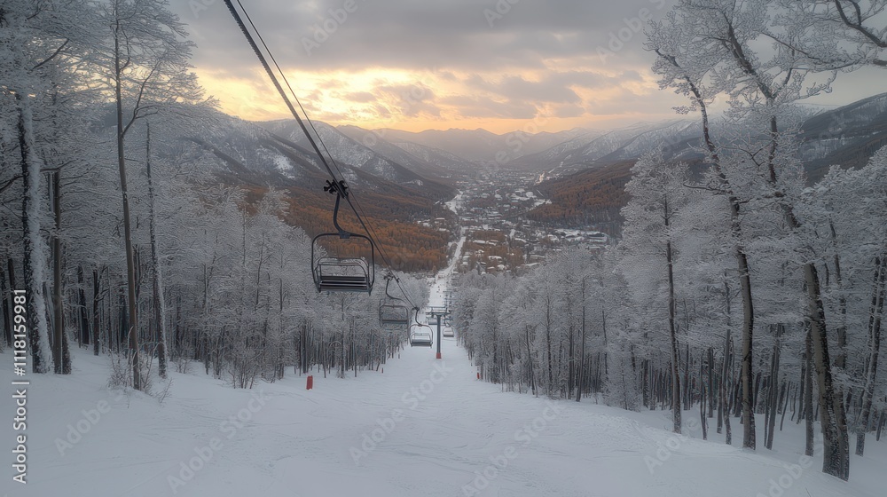 Scenic ski slope sunset view from chairlift. Scenic ski slope sunset view from chairlift.