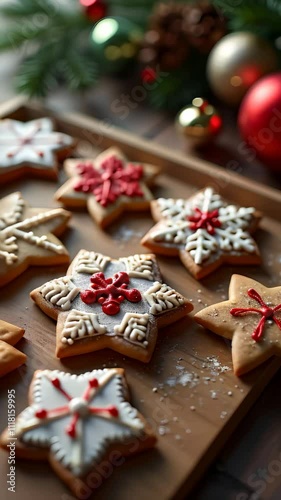 Animation, christmas cookies decorated with New Year toys lie on the festive table