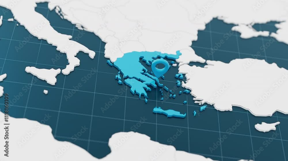 Highlight with blue of Greece 3d map with pointer pin surrounded with other countries in white. Europe political map with borders animation. 3d render Highlight with blue of Greece 3d map with pointer pin surrounded with other countries in white. Europe political map with borders animation. 3d render