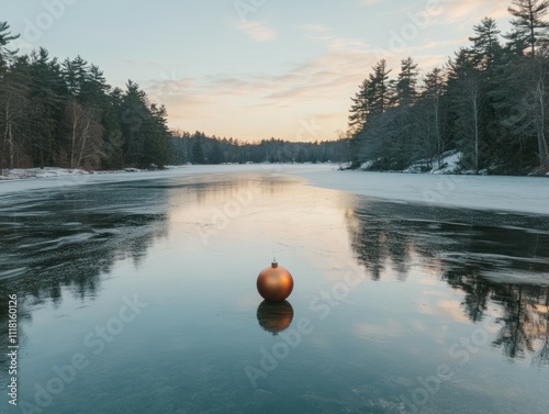 A golden Christmas ornament floats on a frozen, reflective lake at sunrise, surrounded by snow-covered winter trees.
