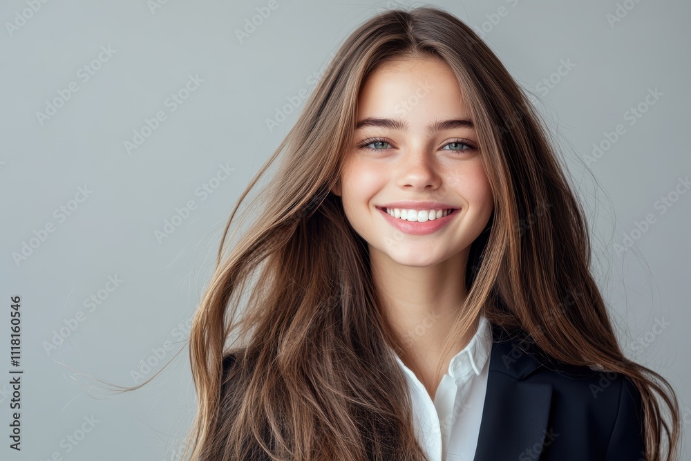 Smiling business woman with long hair studio shot isolated on gray background Smiling business woman with long hair studio shot isolated on gray background