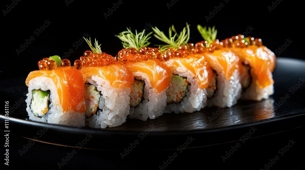 Fresh Salmon Sushi with Roe and Garnish Delight Fresh Salmon Sushi with Roe and Garnish Delight