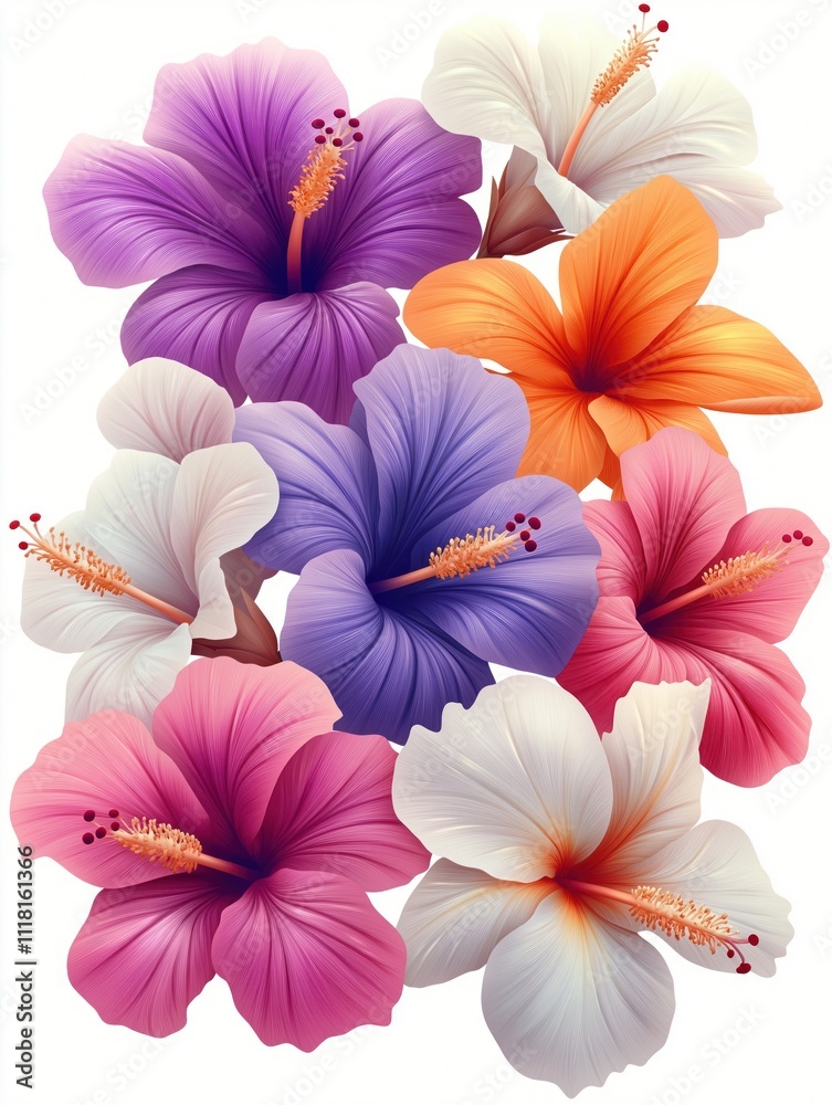 Vibrant hibiscus flowers in various shades of pink purple orange, white bloom beautifully. Exotic tropical flowers isolated against white background. Tropical beauty displayed in floral arrangement. Vibrant hibiscus flowers in various shades of pink purple orange, white bloom beautifully. Exotic tropical flowers isolated against white background. Tropical beauty displayed in floral arrangement.