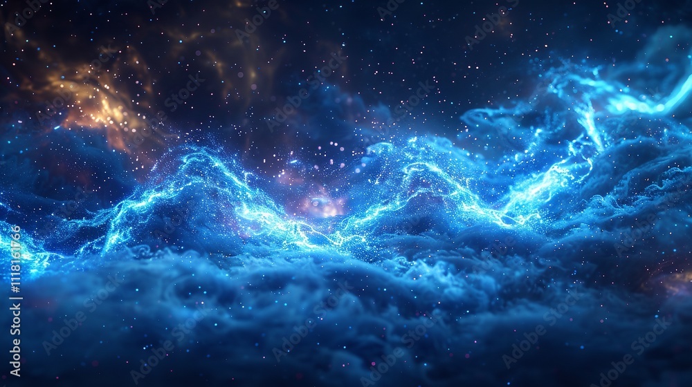 Obraz premium This image showcases dynamic digital waves representing a conceptual cyber network with deep blue tones and sparkling lights.