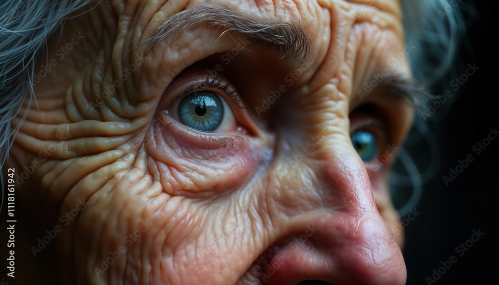 Close-up portrait of senior person with deep wrinkles. Intense gaze. Expression conveys wisdom and experience. Focus on details of skin. Image suitable for articles about aging or personal growth. Close-up portrait of senior person with deep wrinkles. Intense gaze. Expression conveys wisdom and experience. Focus on details of skin. Image suitable for articles about aging or personal growth.