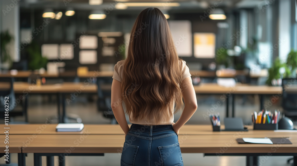 A woman standing near an open-plan workspace, facing rows of desks with office supplies neatly arranged, symbolizing the beginning of a promising career