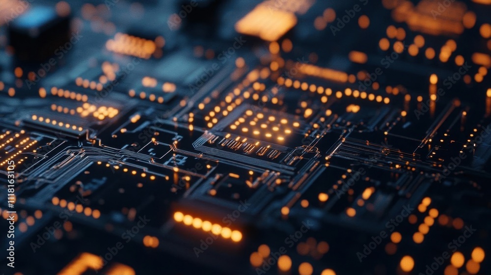 Close-up of a circuit board with glowing components and connections. Close-up of a circuit board with glowing components and connections.