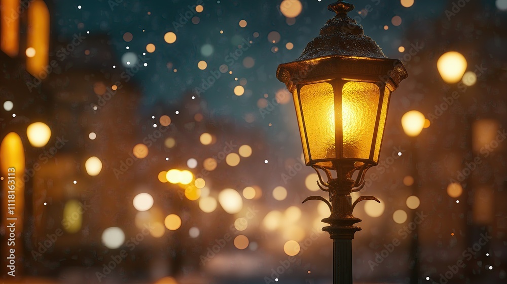 Winter street and glowing lantern at dusk. Winter street and glowing lantern at dusk.