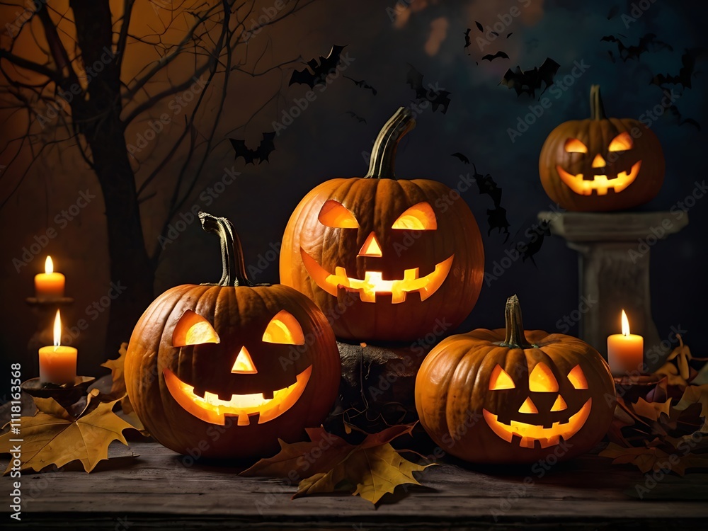Illuminated Jack O Lanterns Autumnal Halloween Scene Illuminated Jack O Lanterns Autumnal Halloween Scene