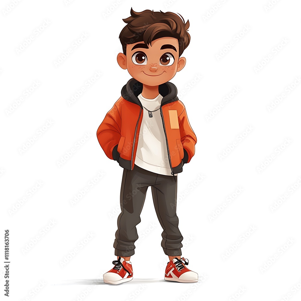 Cartoon young boy in a stylish bomber jacket and joggers on a white background Cartoon young boy in a stylish bomber jacket and joggers on a white background