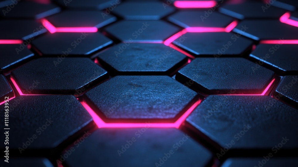Abstract dark hexagon pattern with pink neon lights. Abstract dark hexagon pattern with pink neon lights.