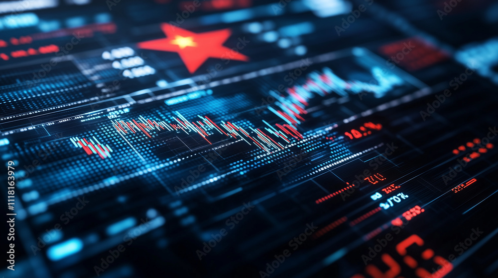 A close-up of the Chinese flag's stars, seamlessly integrated into a digital stock market dashboard with numbers and growth indicators, blending national pride with economic focus A close-up of the Chinese flag's stars, seamlessly integrated into a digital stock market dashboard with numbers and growth indicators, blending national pride with economic focus